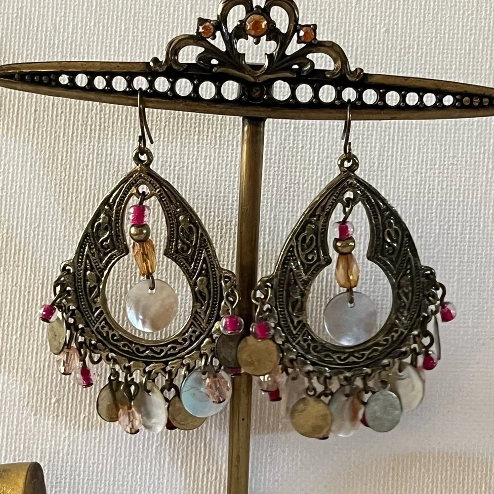 Vintage Bohemian brass mother of pearl earrings..
